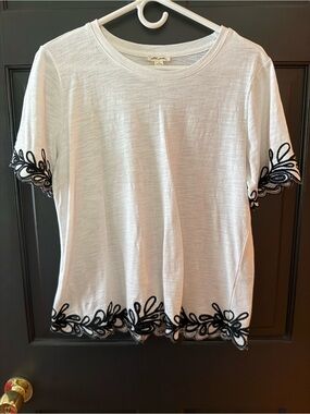 Ultra Pink White Short Sleeve Tee with Black Embroidered Trim